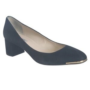 LK Bennett Clemence Dress Pump Black Suede Block Heel Gold Tip Classic Size 38